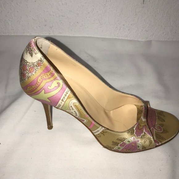 Cole Haan Silk Paisley Multi-Color  Print Open Toe pumps Heels - Picture 2 of 5